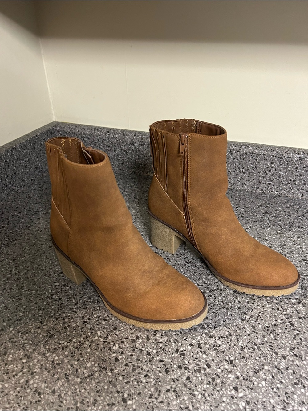 MIA Tan Suede Ankle Booties with Block Heel